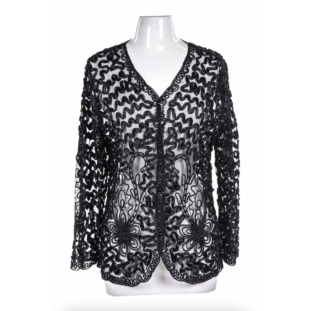 Vintage Black Lace Brocade Cardigan Medium - Romantic Goth Button Up
